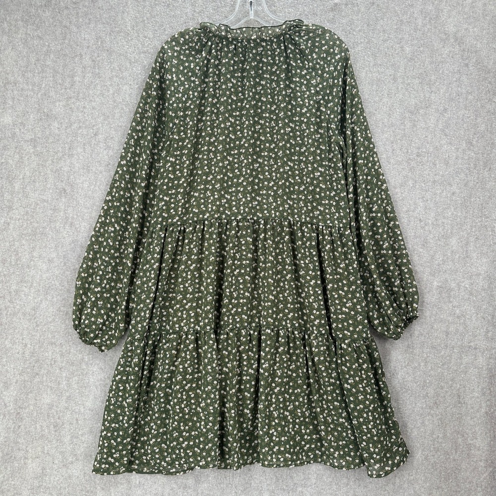 Lark + Grey Olive Green Floral Chiffon Tiered Cottagecore Dress XL Ruffle - Picture 2 of 8